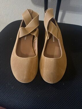 Alpine Swiss Tan Suede Ballet Flats with Cross-Ankle Elastic